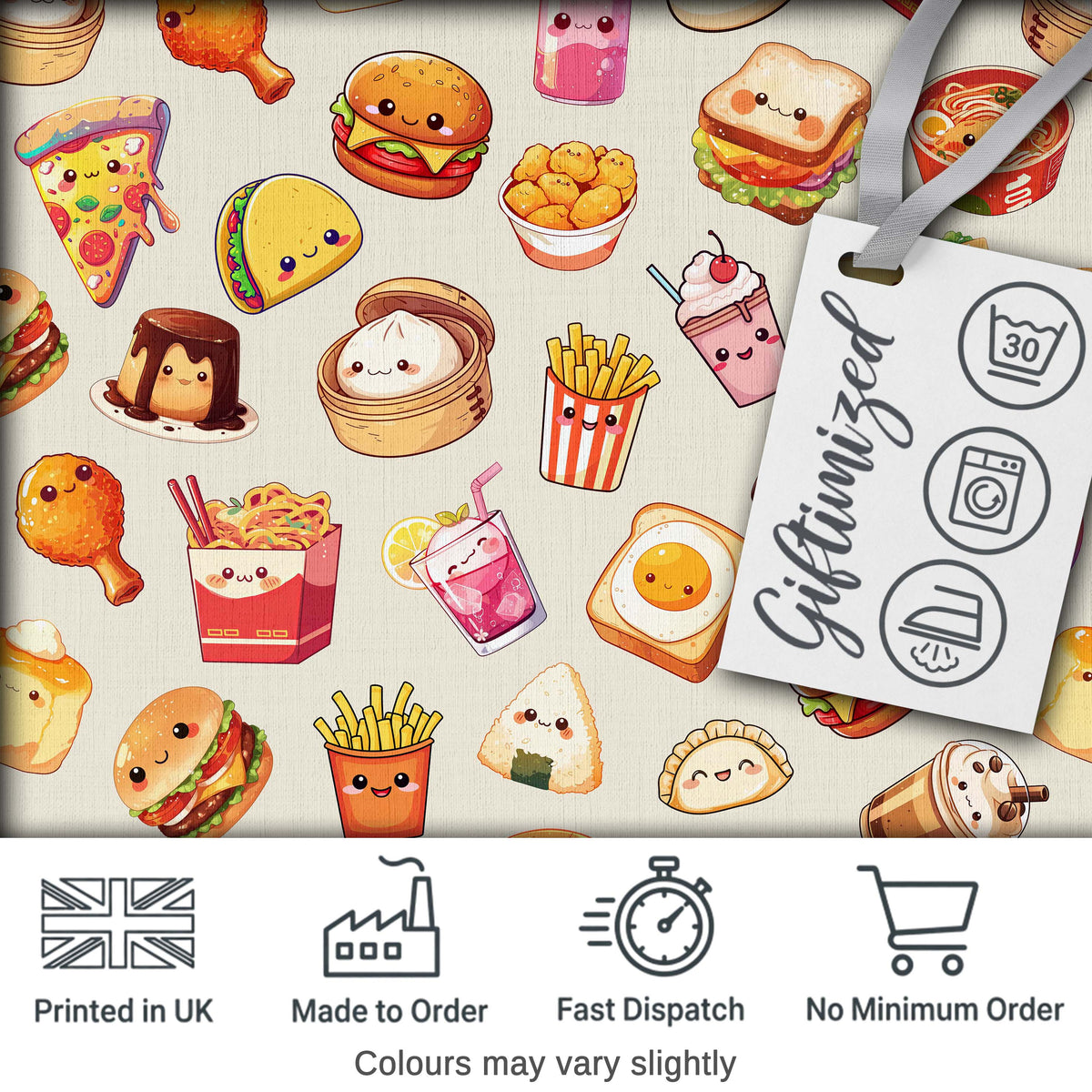 Kawaii Fast Food  Burger Sushi Taco Pizza Cream  Seamless Pattern Digital Print Fabric by the Metre UK Sewing Quilting Textile