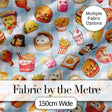 Kawaii Fast Food  Burger Sushi Taco Pizza Blue Gingham  Seamless Pattern Digital Print Fabric by the Metre UK Sewing Quilting Textile