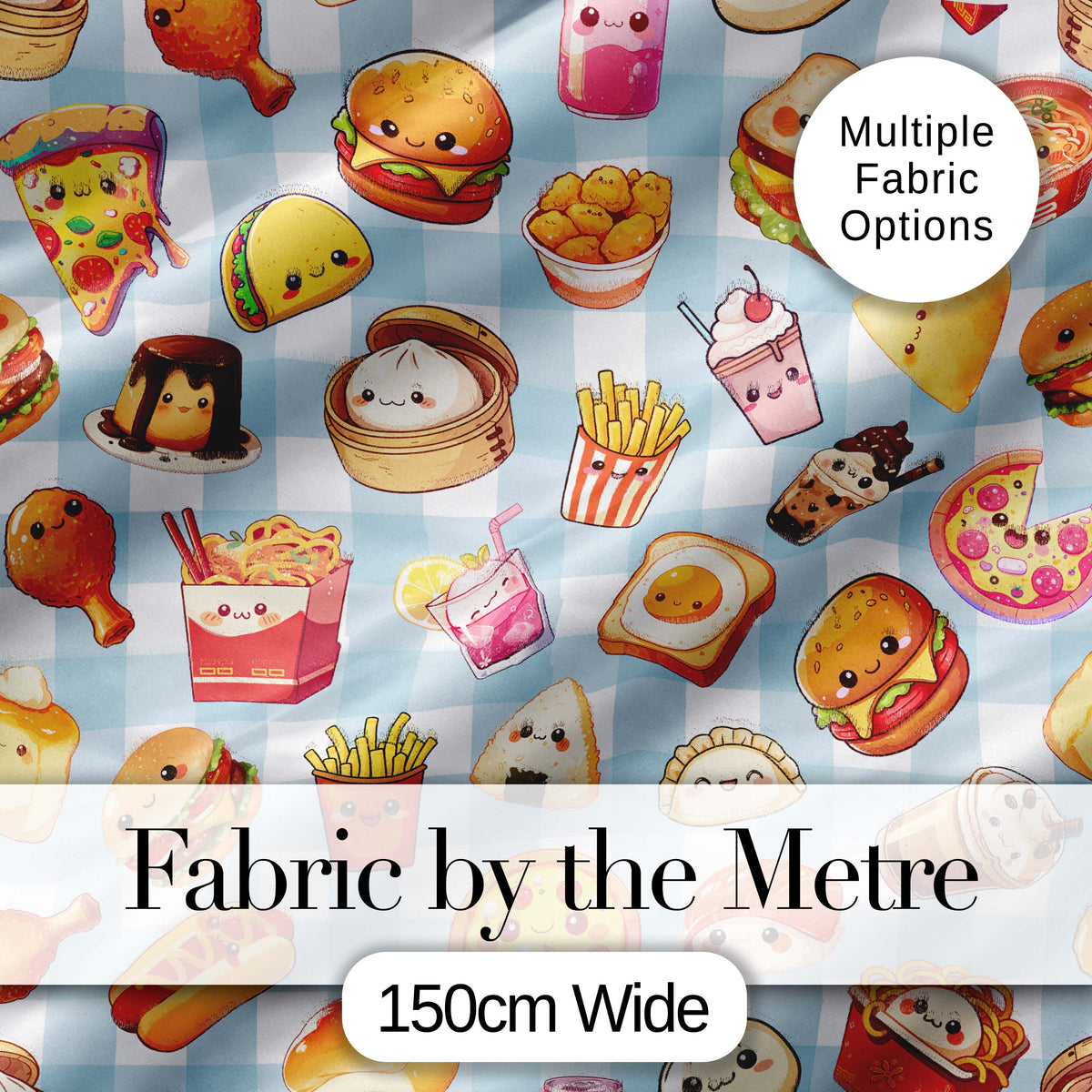 Kawaii Fast Food  Burger Sushi Taco Pizza Blue Gingham  Seamless Pattern Digital Print Fabric by the Metre UK Sewing Quilting Textile