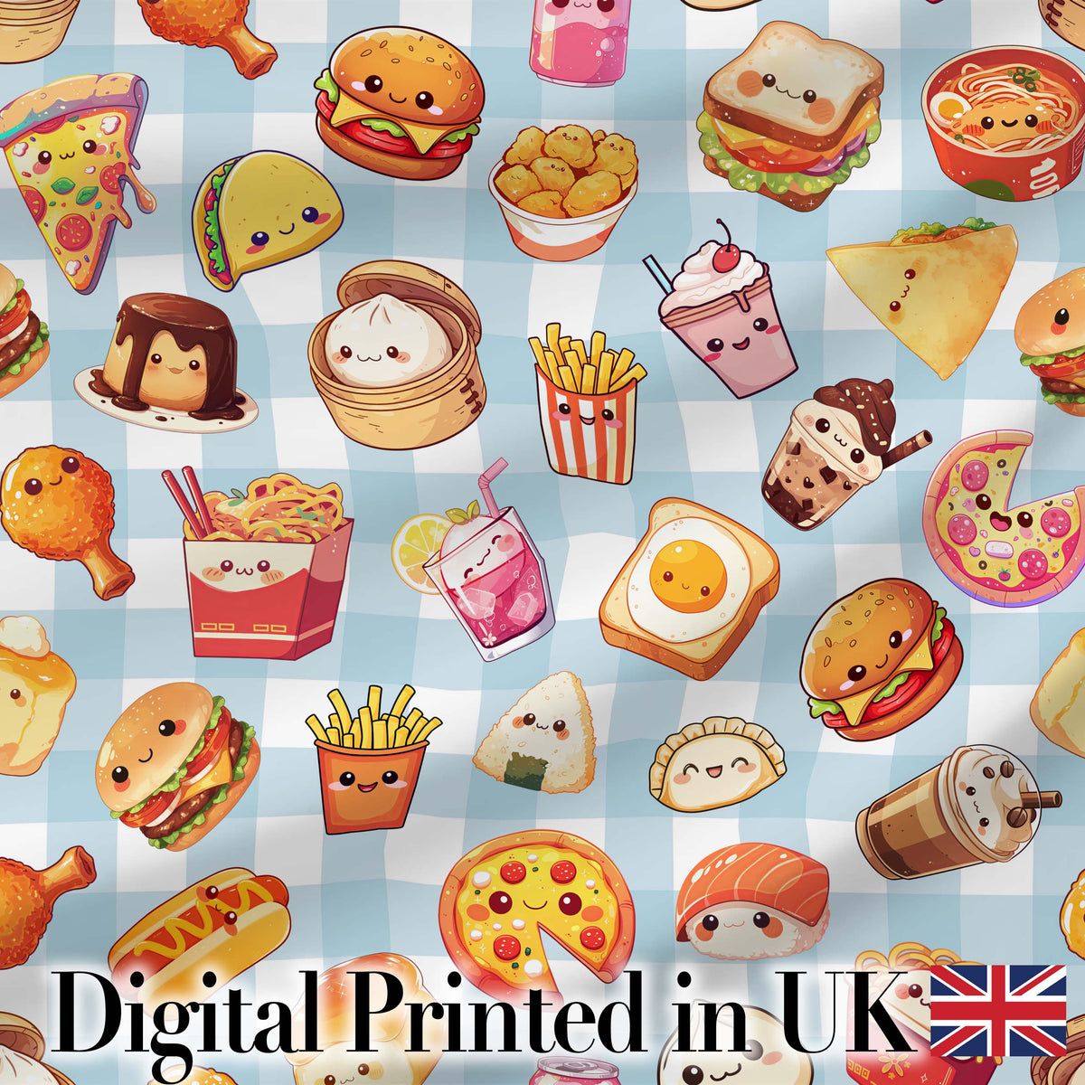 Kawaii Fast Food  Burger Sushi Taco Pizza Blue Gingham  Seamless Pattern Digital Print Fabric by the Metre UK Sewing Quilting Textile
