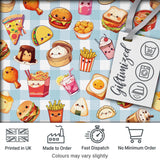 Kawaii Fast Food  Burger Sushi Taco Pizza Blue Gingham  Seamless Pattern Digital Print Fabric by the Metre UK Sewing Quilting Textile