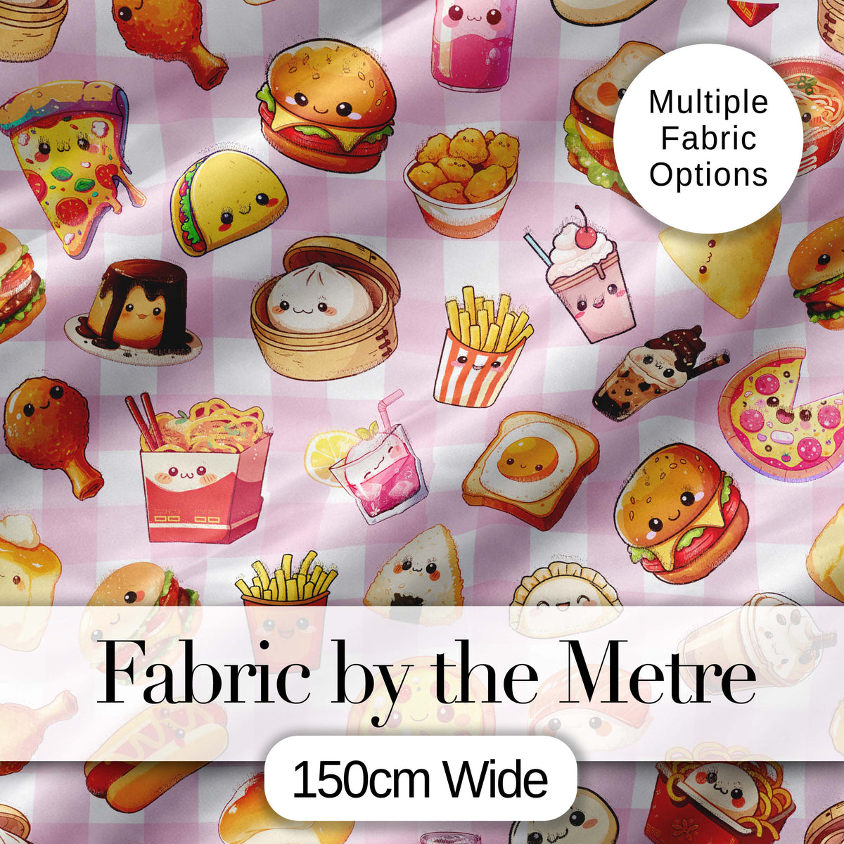 Kawaii Fast Food  Burger Sushi Taco Pizza Pink Gingham  Seamless Pattern Digital Print Fabric by the Metre UK Sewing Quilting Textile