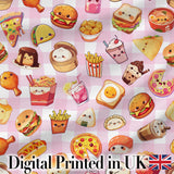 Kawaii Fast Food  Burger Sushi Taco Pizza Pink Gingham  Seamless Pattern Digital Print Fabric by the Metre UK Sewing Quilting Textile