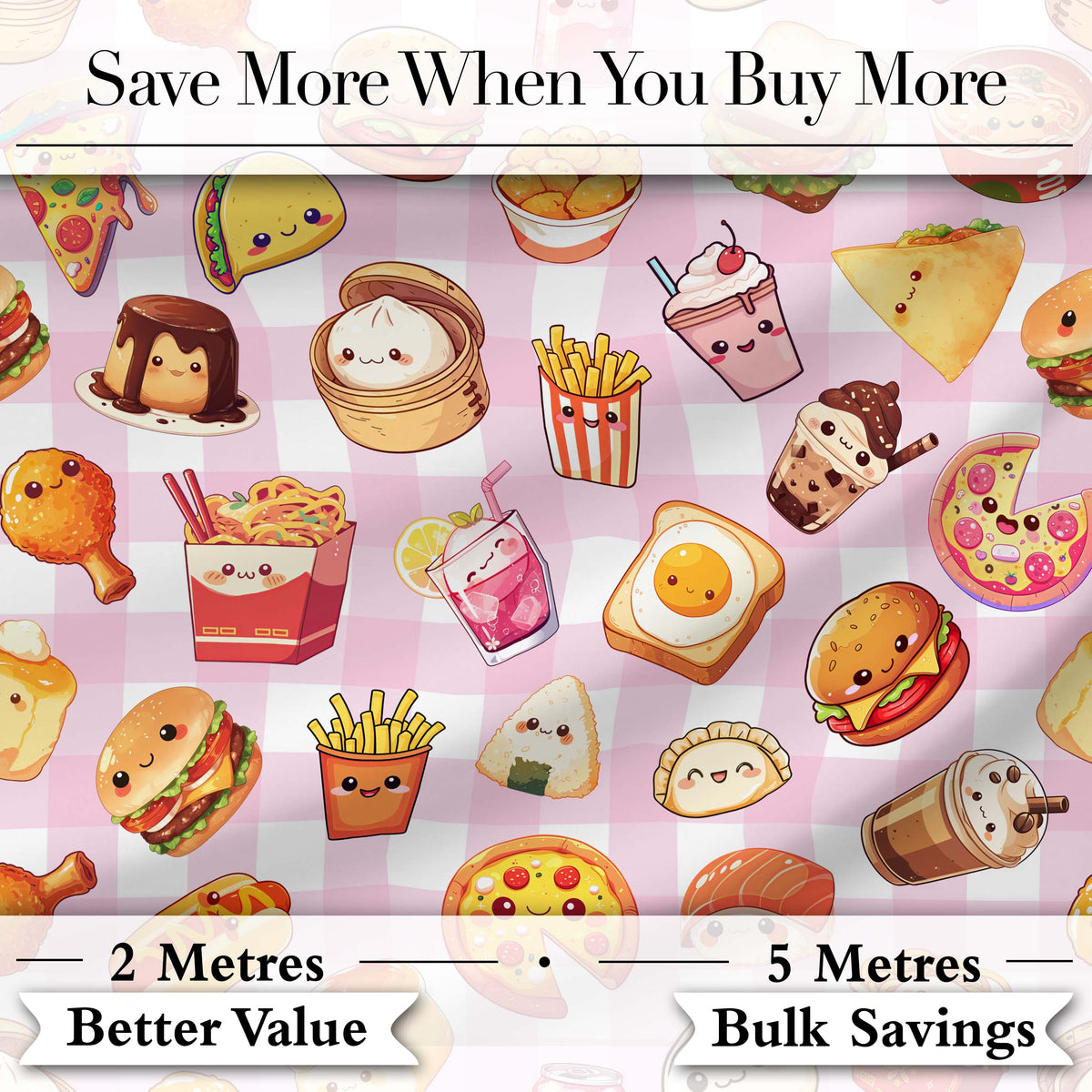 Kawaii Fast Food  Burger Sushi Taco Pizza Pink Gingham  Seamless Pattern Digital Print Fabric by the Metre UK Sewing Quilting Textile