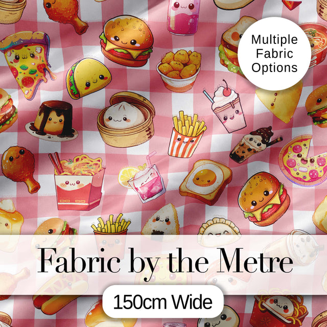 Kawaii Fast Food  Burger Sushi Taco Pizza Red Gingham  Seamless Pattern Digital Print Fabric by the Metre UK Sewing Quilting Textile