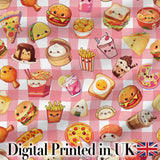 Kawaii Fast Food  Burger Sushi Taco Pizza Red Gingham  Seamless Pattern Digital Print Fabric by the Metre UK Sewing Quilting Textile
