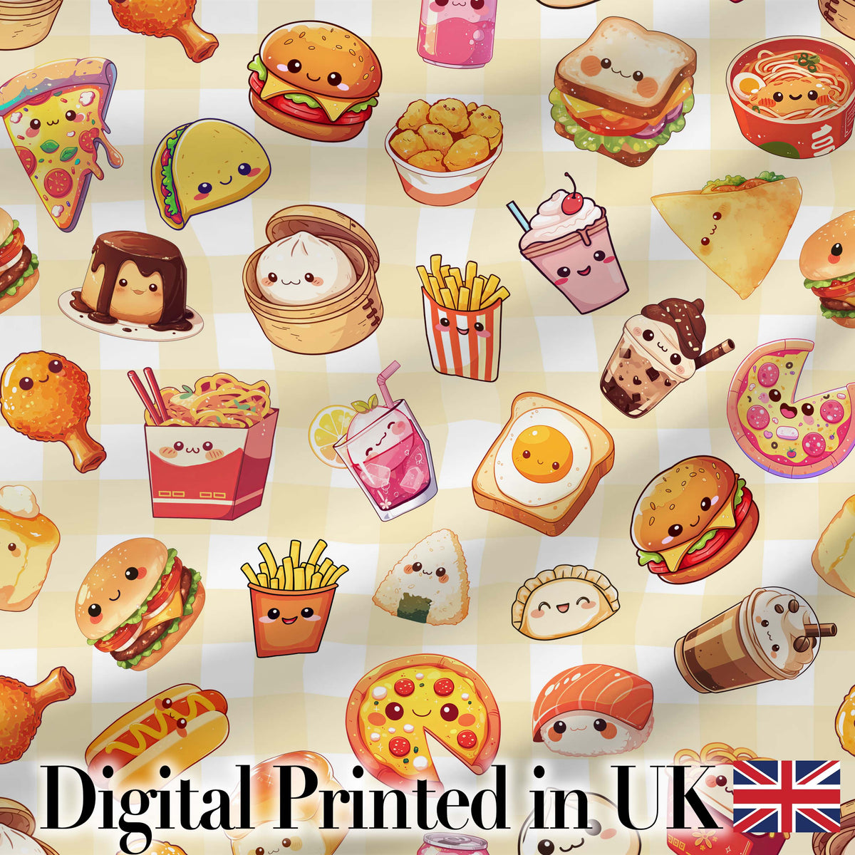 Kawaii Fast Food  Burger Sushi Taco Pizza Yellow Gingham  Seamless Pattern Digital Print Fabric by the Metre UK Sewing Quilting Textile