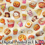 Kawaii Fast Food  Burger Sushi Taco Pizza Yellow Gingham  Seamless Pattern Digital Print Fabric by the Metre UK Sewing Quilting Textile