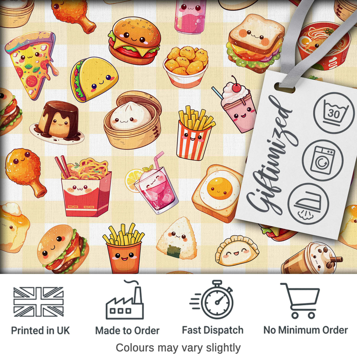 Kawaii Fast Food  Burger Sushi Taco Pizza Yellow Gingham  Seamless Pattern Digital Print Fabric by the Metre UK Sewing Quilting Textile