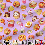 Kawaii Fast Food  Burger Sushi Taco Pizza Purple  Seamless Pattern Digital Print Fabric by the Metre UK Sewing Quilting Textile