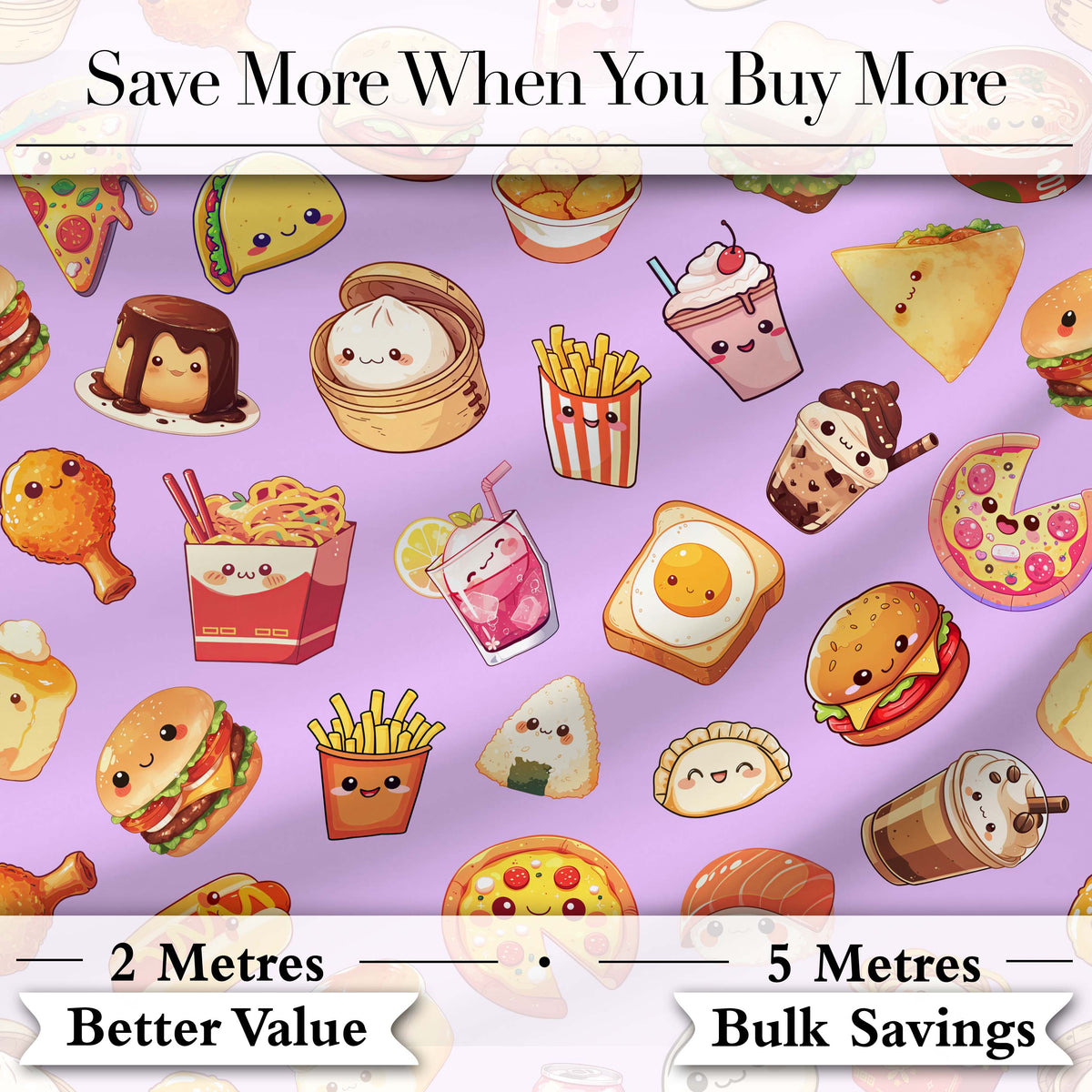 Kawaii Fast Food  Burger Sushi Taco Pizza Purple  Seamless Pattern Digital Print Fabric by the Metre UK Sewing Quilting Textile
