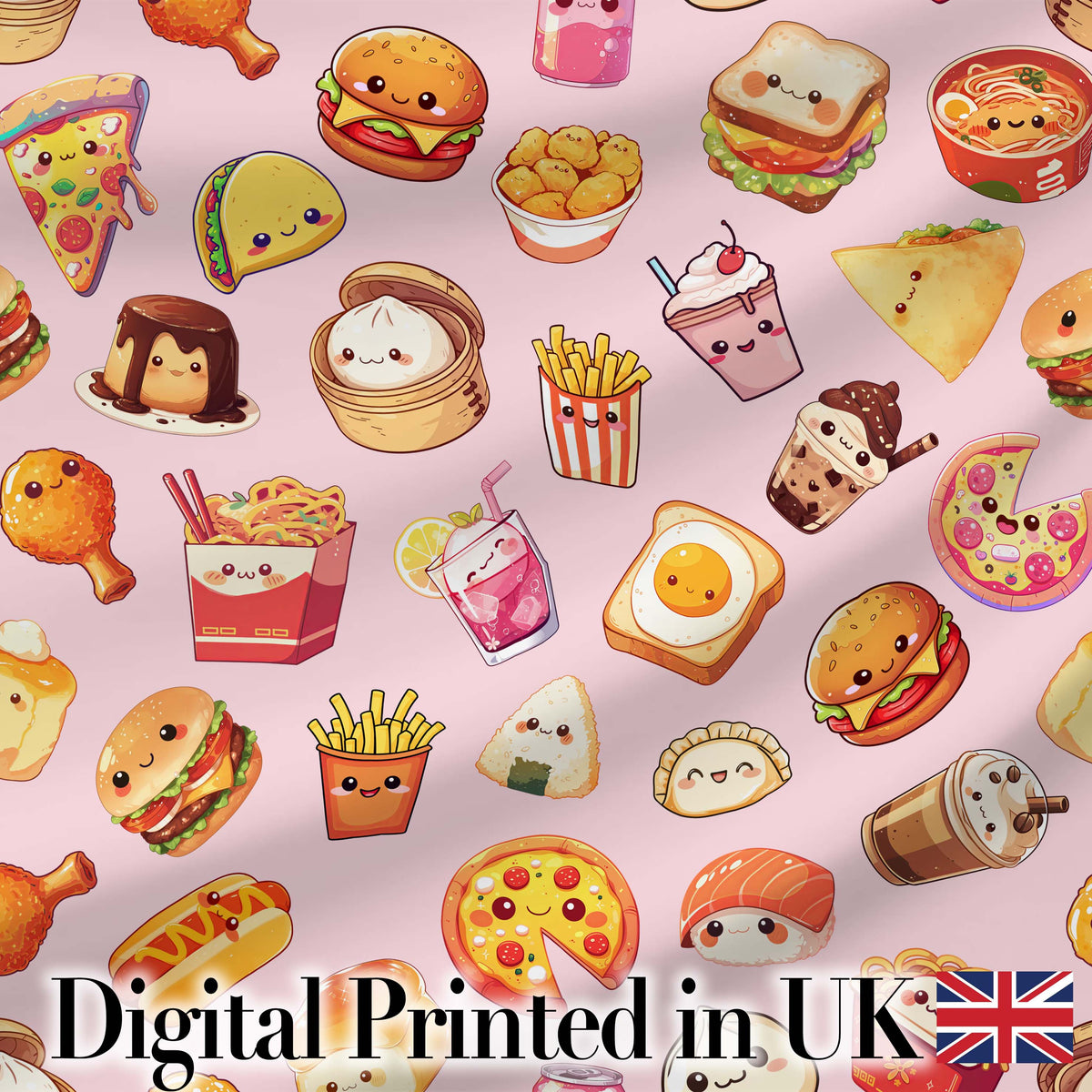 Kawaii Fast Food  Burger Sushi Taco Pizza Soft Pink  Seamless Pattern Digital Print Fabric by the Metre UK Sewing Quilting Textile