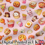 Kawaii Fast Food  Burger Sushi Taco Pizza Soft Pink  Seamless Pattern Digital Print Fabric by the Metre UK Sewing Quilting Textile