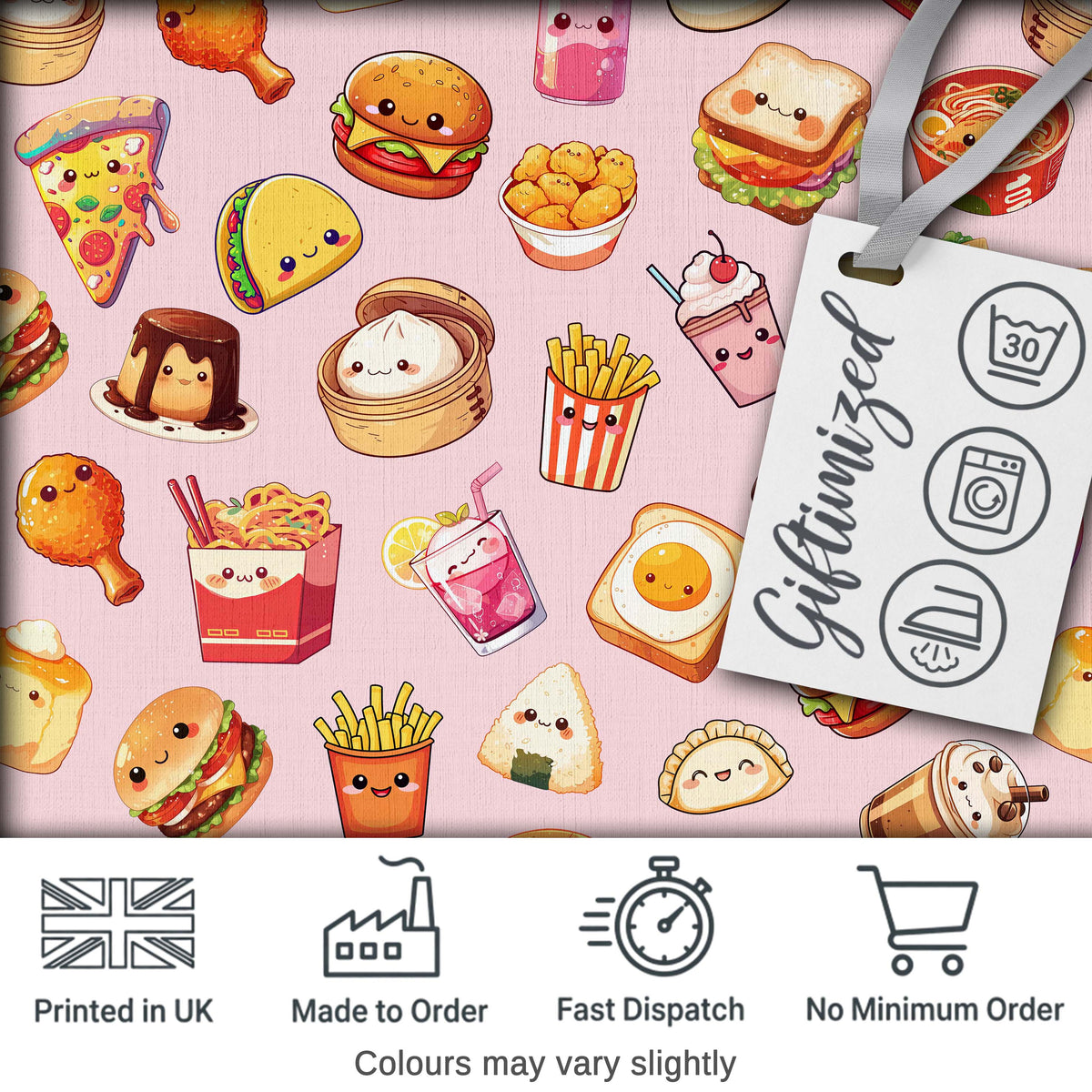 Kawaii Fast Food  Burger Sushi Taco Pizza Soft Pink  Seamless Pattern Digital Print Fabric by the Metre UK Sewing Quilting Textile