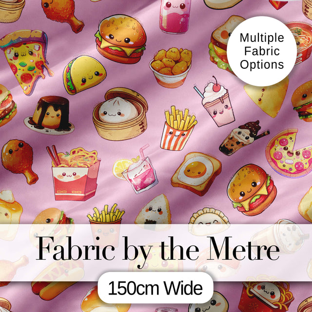 Kawaii Fast Food  Burger Sushi Taco Pizza Blush Pink  Seamless Pattern Digital Print Fabric by the Metre UK Sewing Quilting Textile