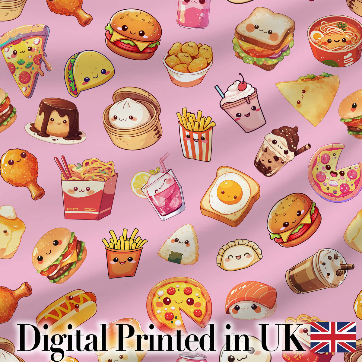 Kawaii Fast Food  Burger Sushi Taco Pizza Blush Pink  Seamless Pattern Digital Print Fabric by the Metre UK Sewing Quilting Textile