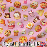 Kawaii Fast Food  Burger Sushi Taco Pizza Blush Pink  Seamless Pattern Digital Print Fabric by the Metre UK Sewing Quilting Textile