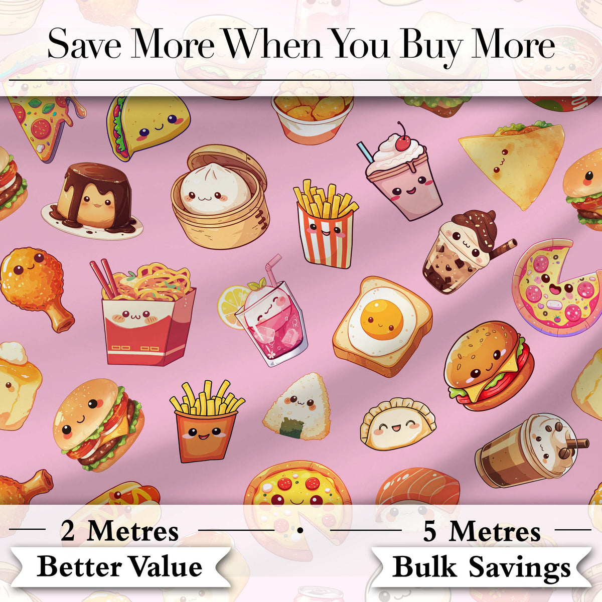 Kawaii Fast Food  Burger Sushi Taco Pizza Blush Pink  Seamless Pattern Digital Print Fabric by the Metre UK Sewing Quilting Textile