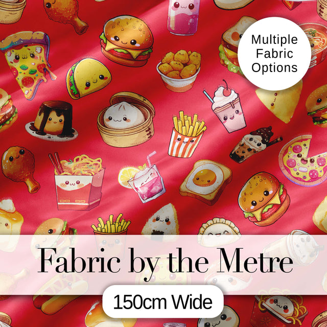 Kawaii Fast Food  Burger Sushi Taco Pizza Red  Seamless Pattern Digital Print Fabric by the Metre UK Sewing Quilting Textile
