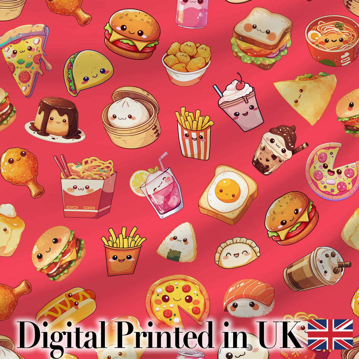 Kawaii Fast Food  Burger Sushi Taco Pizza Red  Seamless Pattern Digital Print Fabric by the Metre UK Sewing Quilting Textile