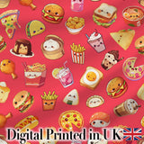Kawaii Fast Food  Burger Sushi Taco Pizza Red  Seamless Pattern Digital Print Fabric by the Metre UK Sewing Quilting Textile