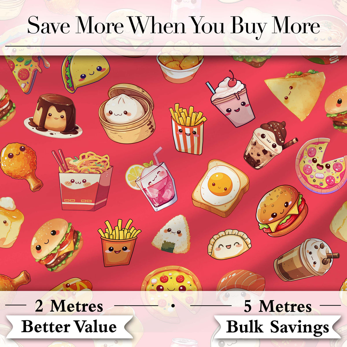 Kawaii Fast Food  Burger Sushi Taco Pizza Red  Seamless Pattern Digital Print Fabric by the Metre UK Sewing Quilting Textile