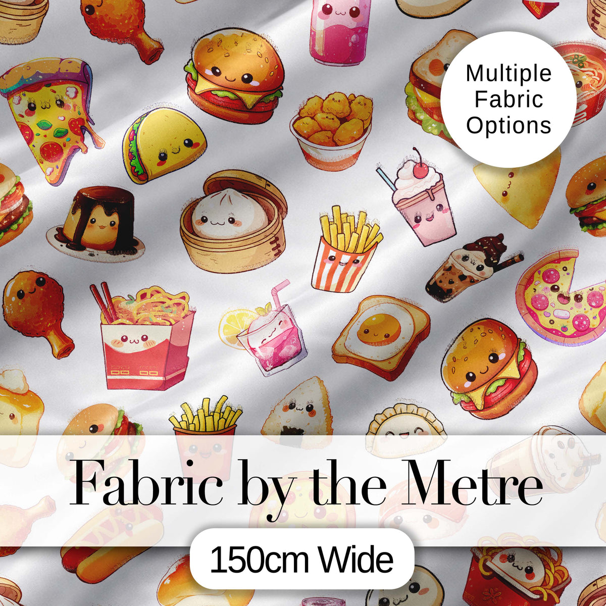 Kawaii Fast Food  Burger Sushi Taco Pizza Grey  Seamless Pattern Digital Print Fabric by the Metre UK Sewing Quilting Textile