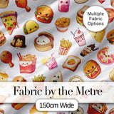 Kawaii Fast Food  Burger Sushi Taco Pizza Grey  Seamless Pattern Digital Print Fabric by the Metre UK Sewing Quilting Textile