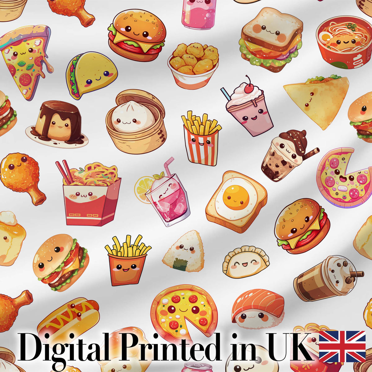 Kawaii Fast Food  Burger Sushi Taco Pizza Grey  Seamless Pattern Digital Print Fabric by the Metre UK Sewing Quilting Textile