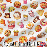 Kawaii Fast Food  Burger Sushi Taco Pizza Grey  Seamless Pattern Digital Print Fabric by the Metre UK Sewing Quilting Textile
