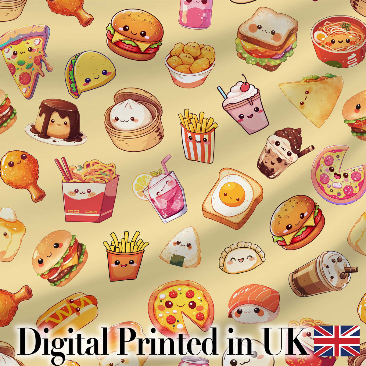 Kawaii Fast Food  Burger Sushi Taco Pizza Beige  Seamless Pattern Digital Print Fabric by the Metre UK Sewing Quilting Textile