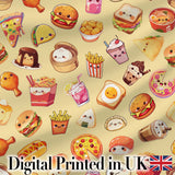 Kawaii Fast Food  Burger Sushi Taco Pizza Beige  Seamless Pattern Digital Print Fabric by the Metre UK Sewing Quilting Textile