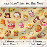 Kawaii Fast Food  Burger Sushi Taco Pizza Beige  Seamless Pattern Digital Print Fabric by the Metre UK Sewing Quilting Textile