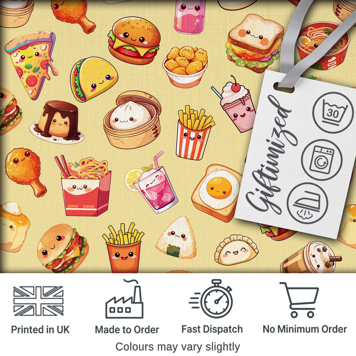 Kawaii Fast Food  Burger Sushi Taco Pizza Beige  Seamless Pattern Digital Print Fabric by the Metre UK Sewing Quilting Textile