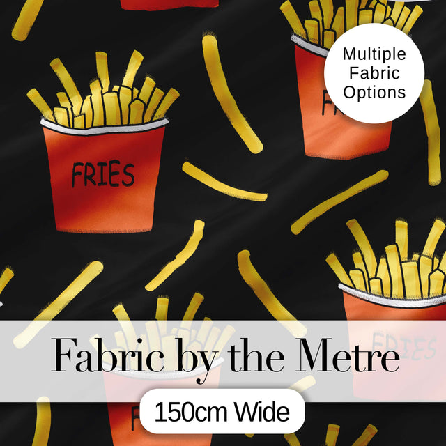 Cute French Fries Cartoon Snack Food Black Background Seamless Pattern Digital Print Fabric by the Metre UK Sewing Quilting Textile