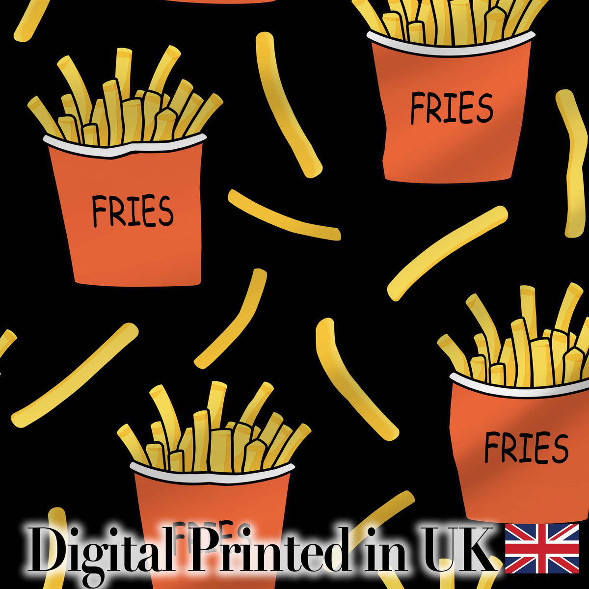 Cute French Fries Cartoon Snack Food Black Background Seamless Pattern Digital Print Fabric by the Metre UK Sewing Quilting Textile