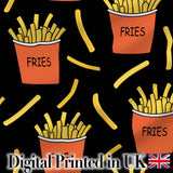 Cute French Fries Cartoon Snack Food Black Background Seamless Pattern Digital Print Fabric by the Metre UK Sewing Quilting Textile