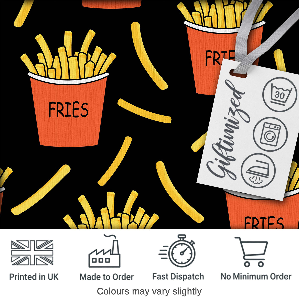 Cute French Fries Cartoon Snack Food Black Background Seamless Pattern Digital Print Fabric by the Metre UK Sewing Quilting Textile