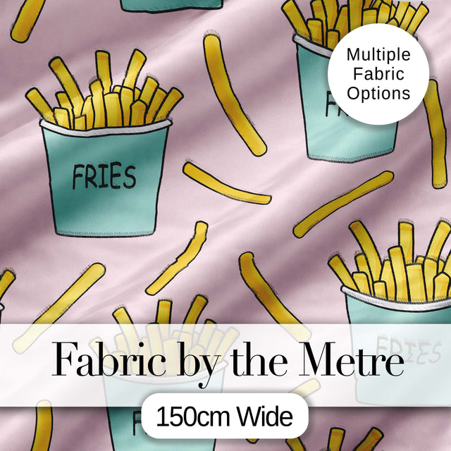 Cute French Fries Cartoon Snack Seamless Pattern Teal Cups Pink Background Digital Print Fabric by the Metre UK Sewing Quilting Textile