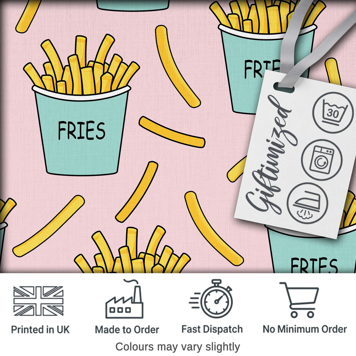 Cute French Fries Cartoon Snack Seamless Pattern Teal Cups Pink Background Digital Print Fabric by the Metre UK Sewing Quilting Textile