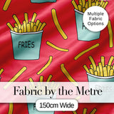 Cute French Fries Cartoon Snack Seamless Pattern Teal Cups Red Background Digital Print Fabric by the Metre UK Sewing Quilting Textile