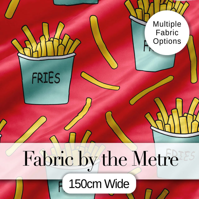 Cute French Fries Cartoon Snack Seamless Pattern Teal Cups Red Background Digital Print Fabric by the Metre UK Sewing Quilting Textile