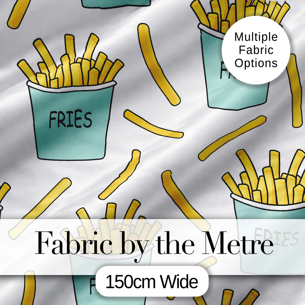 Cute French Fries Cartoon Snack Seamless Pattern Teal Cups Grey Background Digital Print Fabric by the Metre UK Sewing Quilting Textile