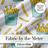 Cute French Fries Cartoon Snack Seamless Pattern Teal Cups Grey Background Digital Print Fabric by the Metre UK Sewing Quilting Textile