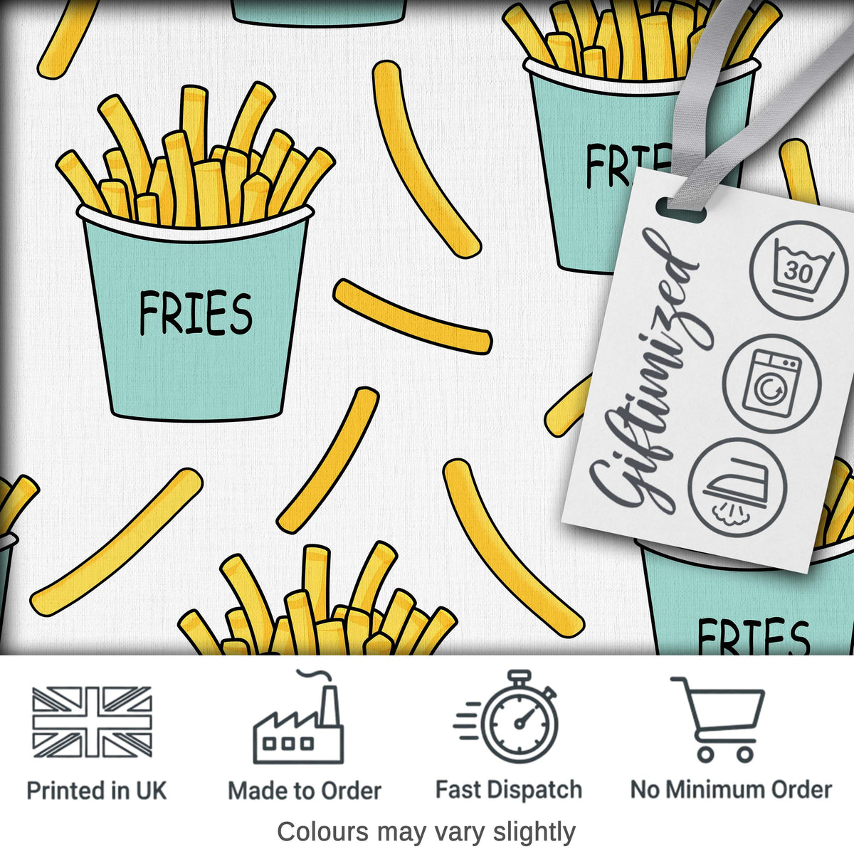 Cute French Fries Cartoon Snack Seamless Pattern Teal Cups Grey Background Digital Print Fabric by the Metre UK Sewing Quilting Textile