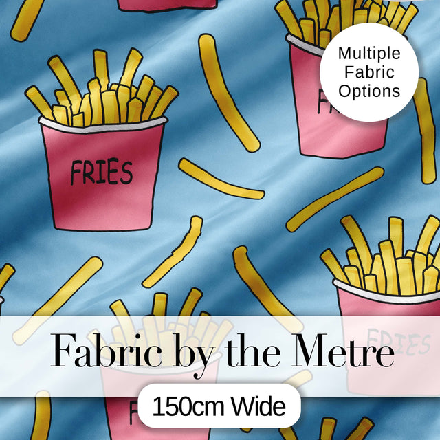 Cute French Fries Cartoon Snack Seamless Pattern Pink Cups Blue Background Digital Print Fabric by the Metre UK Sewing Quilting Textile
