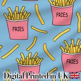 Cute French Fries Cartoon Snack Seamless Pattern Pink Cups Blue Background Digital Print Fabric by the Metre UK Sewing Quilting Textile