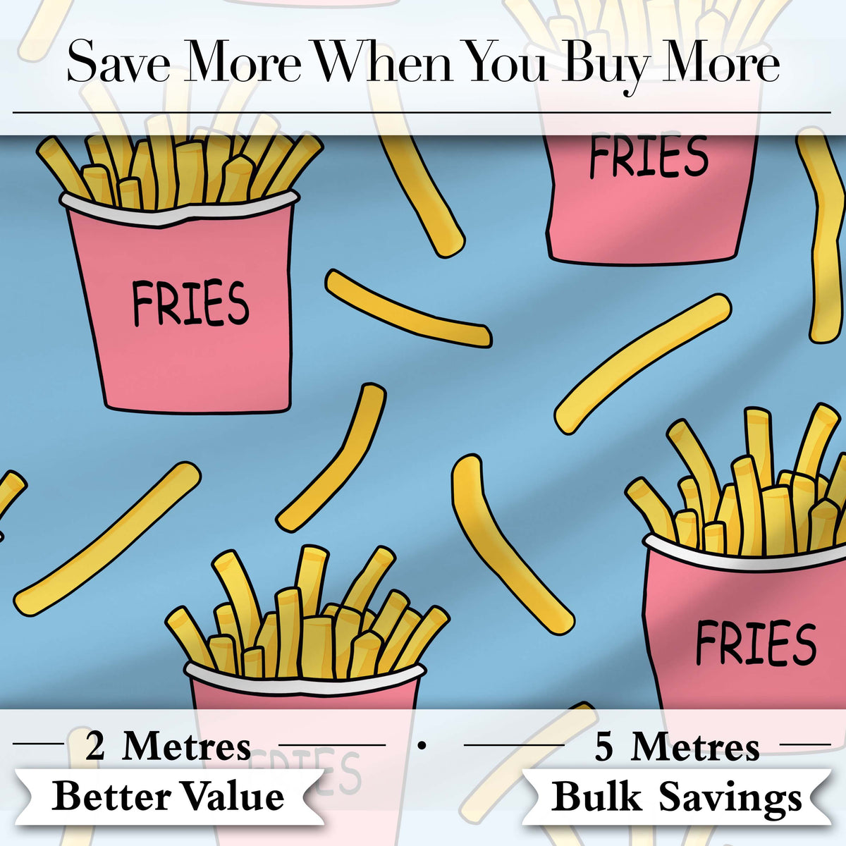 Cute French Fries Cartoon Snack Seamless Pattern Pink Cups Blue Background Digital Print Fabric by the Metre UK Sewing Quilting Textile