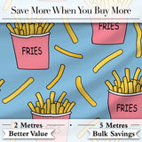 Cute French Fries Cartoon Snack Seamless Pattern Pink Cups Blue Background Digital Print Fabric by the Metre UK Sewing Quilting Textile