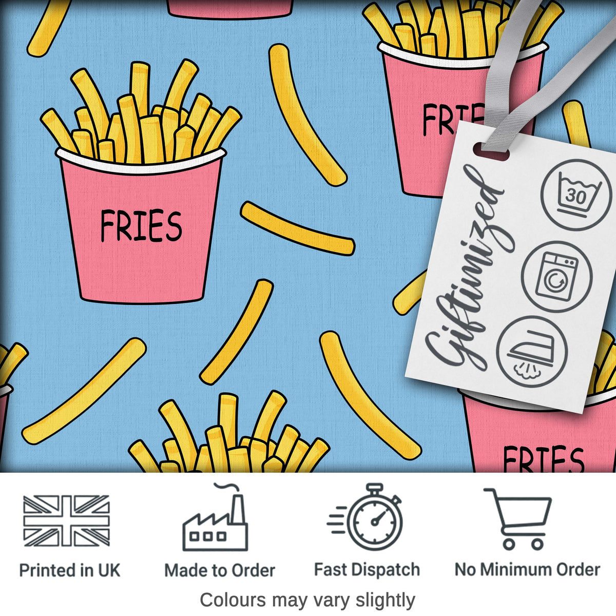 Cute French Fries Cartoon Snack Seamless Pattern Pink Cups Blue Background Digital Print Fabric by the Metre UK Sewing Quilting Textile